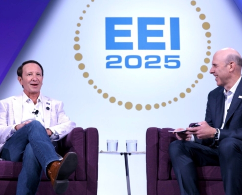 Louisiana Governor Jeff Landry and Entergy Chair and Chief Executive Officer Drew Marsh share a moment on stage at EEI 2025 in New Orleans, Louisiana.
