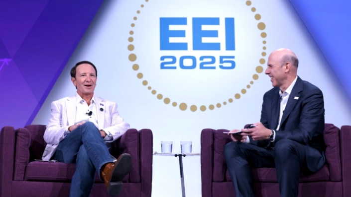 Louisiana Governor Jeff Landry and Entergy Chair and Chief Executive Officer Drew Marsh share a moment on stage at EEI 2025 in New Orleans, Louisiana.
