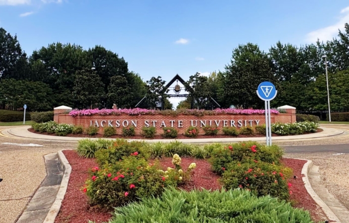 Campus entrance sign at Jackson State University in Jackson, Miss.