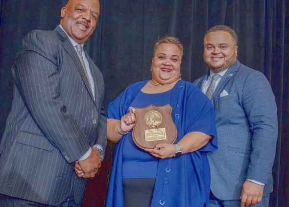 Pictured: Whitney M. Young Jr. Service Award recipient Demetric Mercadel is shown with Diversity in Scouting Gala chairman Jimmie Woods Sr. (left) and her son, Todd C. James, who introduced and presented her award.