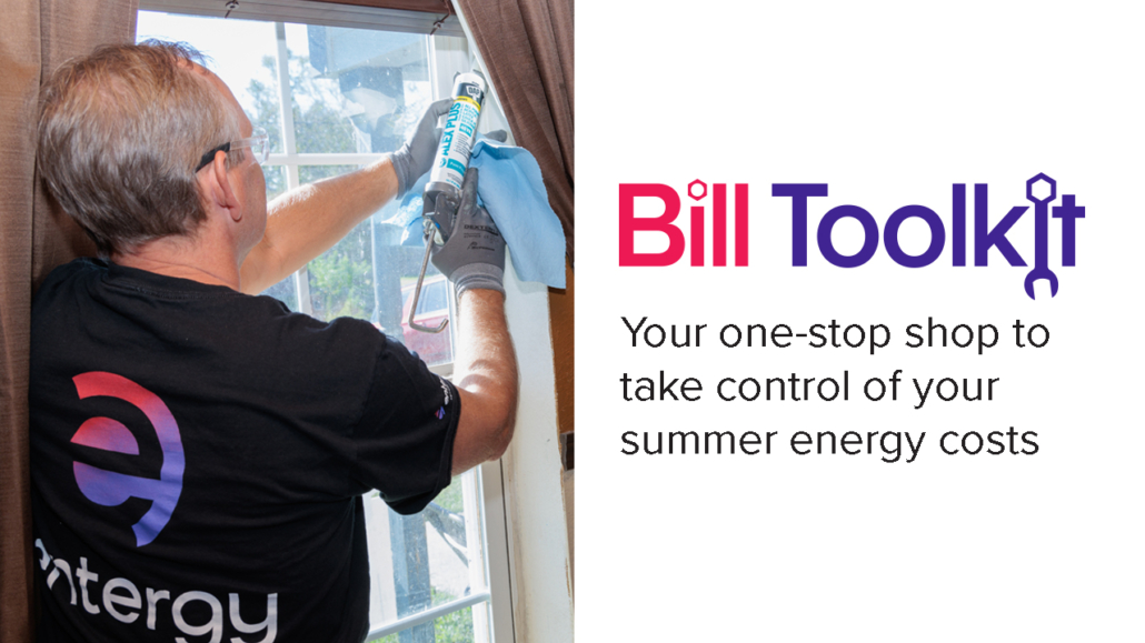Man caulking window next to Entergy Bill Toolkit logo
