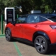 Red car at electric charging station