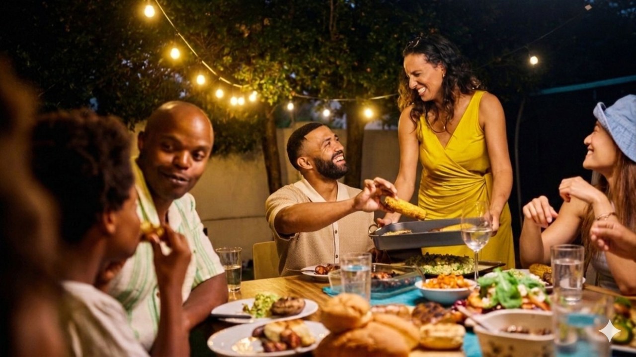Family and friends share a laugh at an outdoor dinner table under string lights.