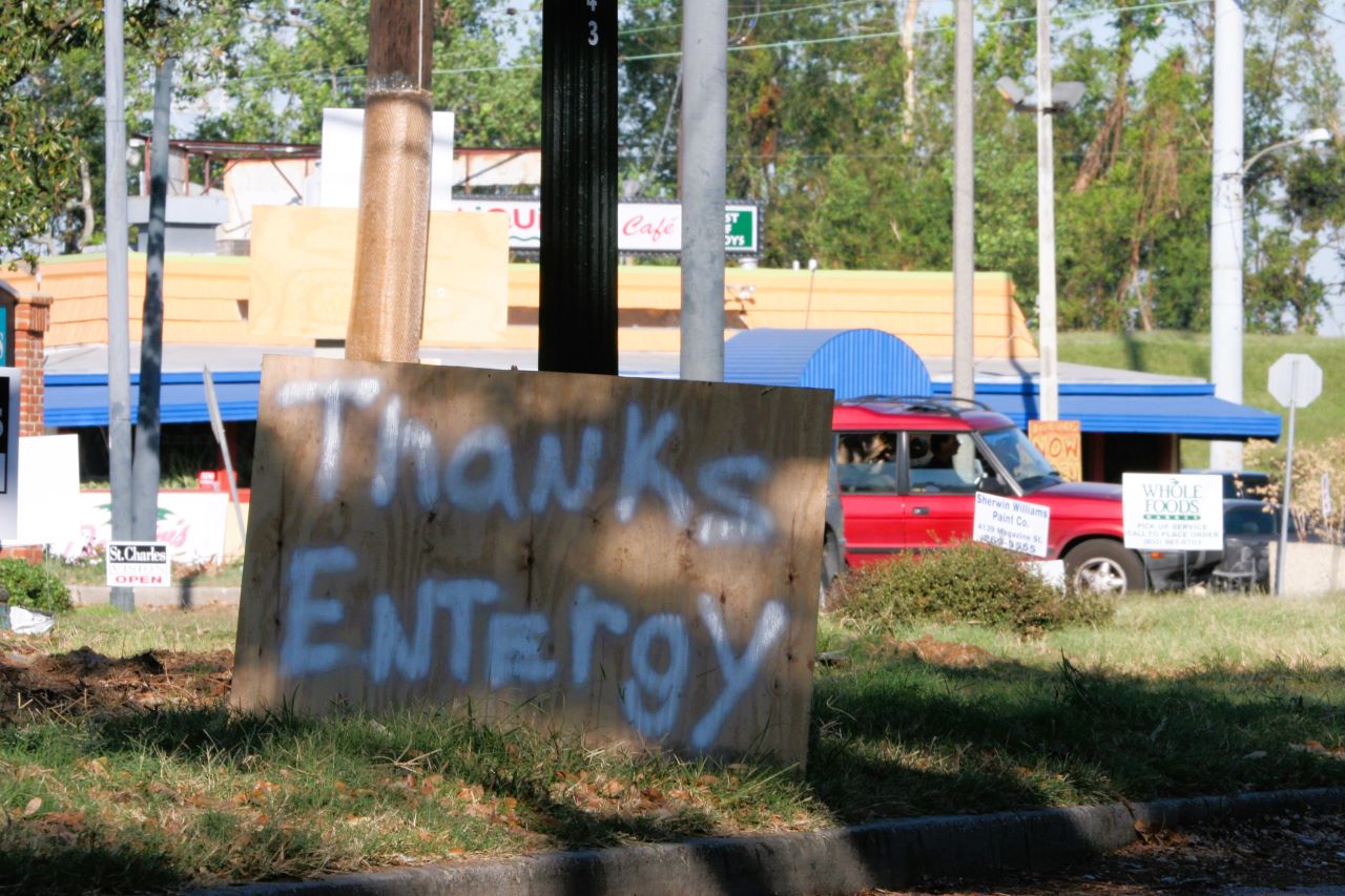 Hurricane-Katrina-thanks-sign Plywood sign that says 'Thanks Entergy' spotted in September 2005 in New Orleans, Louisiana, after Hurricane Katrina made landfall.